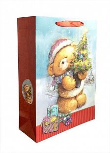 Пакет подарочный "Мишка с елочкой" с глиттером / 31*42*12см Пакет подарочный «Мишка с елочкой» с глиттером / 31*42*12см