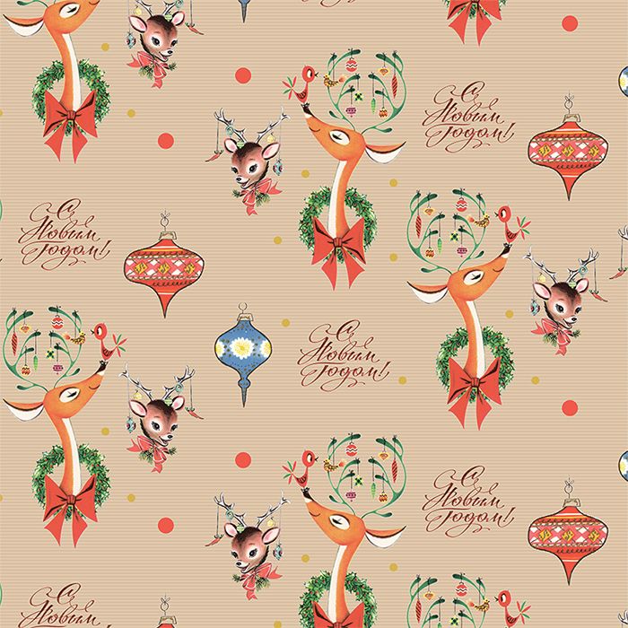 Крафт-бумага упаковочная вержированная "Новогодние олени" рисунок на коричневом / рулон 72 см * 10 м Крафт-бумага упаковочная вержированная «Новогодние олени» рисунок на коричневом / рулон 72 см * 10 м