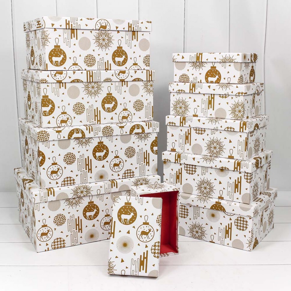 Набор коробок Новогодние игрушки с оленями, Белый/Золото, 34*26*15 см, 10 шт. Набор коробок Новогодние игрушки с оленями, Белый/Золото, 34*26*15 см, 10 шт.