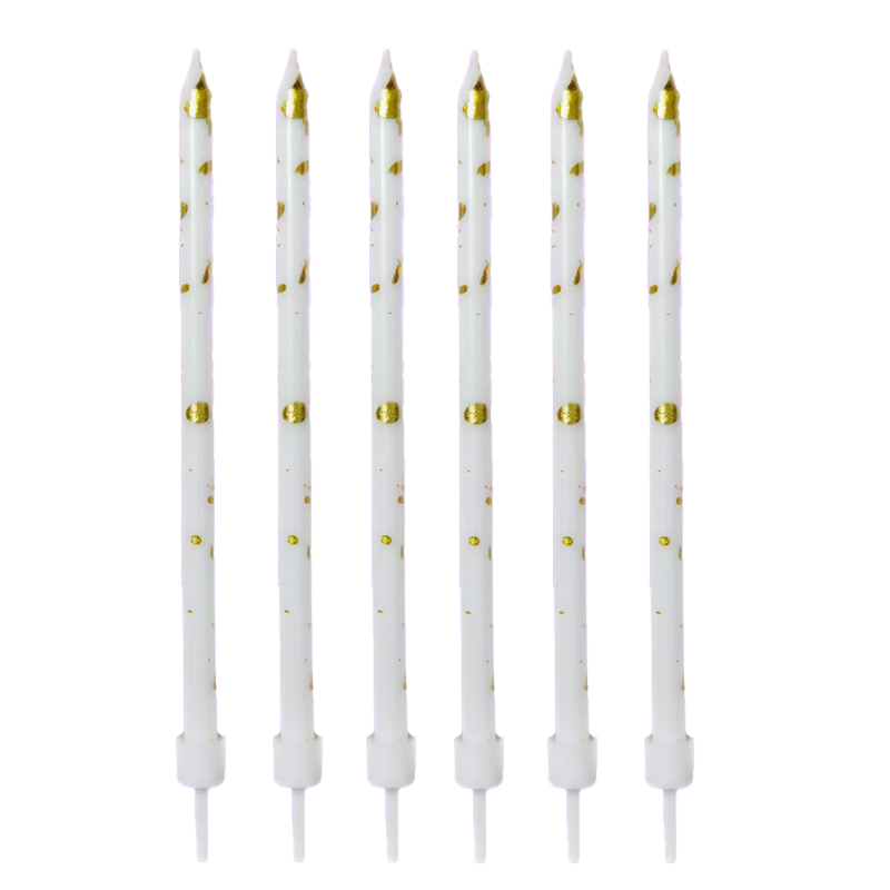 Свечи тортово-коктейльные Белые с золотом с держателями / 6 шт., 12 см / Свечи тортово-коктейльные Белые с золотом с держателями / 6 шт., 12 см /