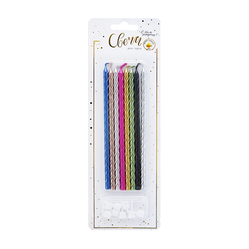 Свечи тортовые классические XL Витые (Ассорти металл) с держателями / 8 шт., 15 см / Свечи тортовые классические XL Витые (Ассорти металл) с держателями / 8 шт., 15 см /