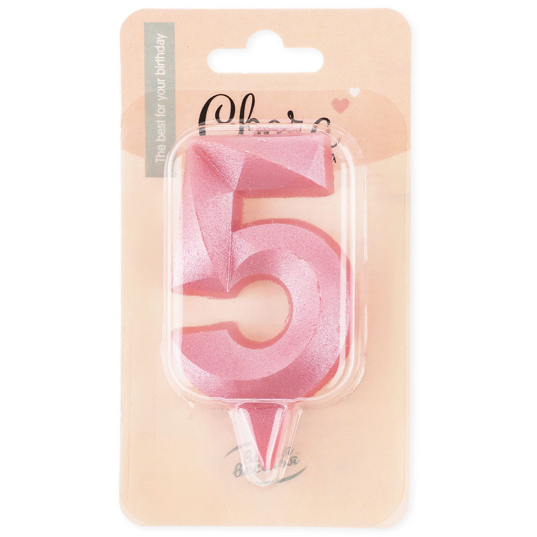 Свеча Цифра, 5 Грани, Розовый, 7 см, 1 шт. с держат. Свеча Цифра, 5 Грани, Розовый, 7 см, 1 шт. с держат.