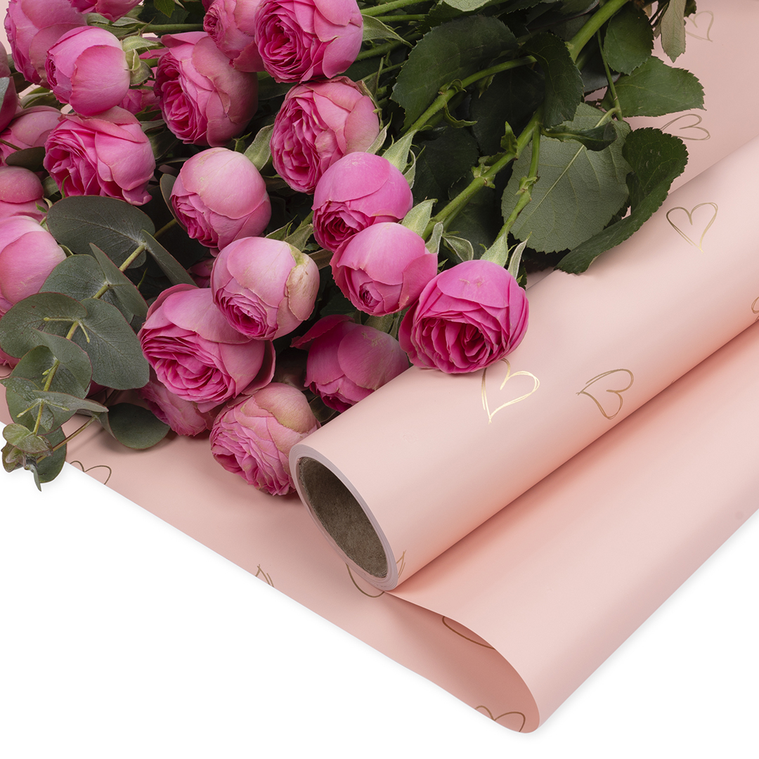 Упаковочная пленка 65мкр (0,58*10 м) Сердечки, Розовый/Золото, Матовый, 1 шт. Упаковочная пленка 65мкр (0,58*10 м) Сердечки, Розовый/Золото, Матовый, 1 шт.