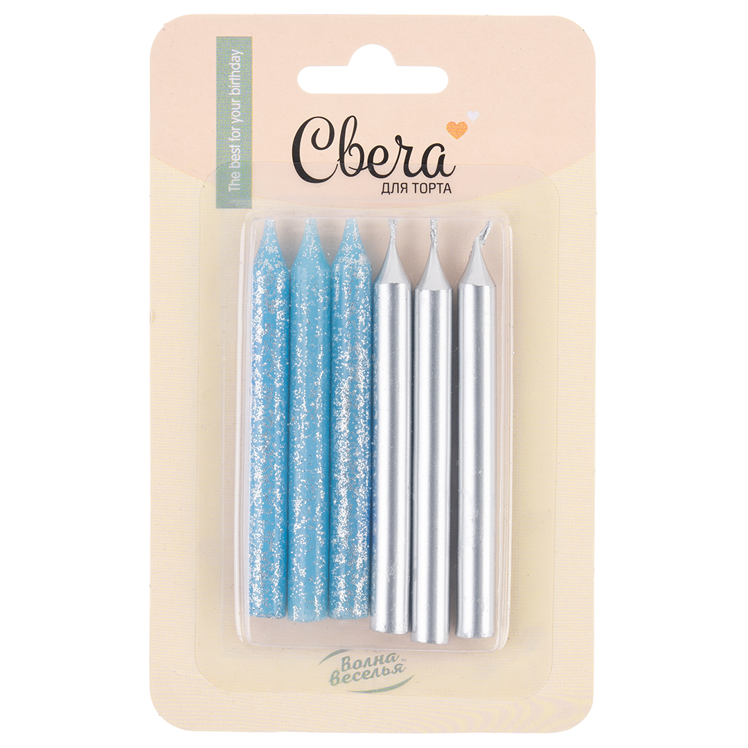 130cece5_30e3_4cf9_8a0d_0a93b0d1674f_99319902_ad39_11f0_b63c_5c6f6916e93d Свечи Серебро/Голубой, Металлик, с блестками, 0,8*8 см, 6 шт.