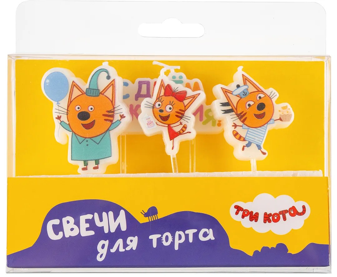Набор свечей Фигура, Три Кота, С Днем Рождения!, 7 см, 4 шт. с держат. Набор свечей Фигура, Три Кота, С Днем Рождения!, 7 см, 4 шт. с держат.
